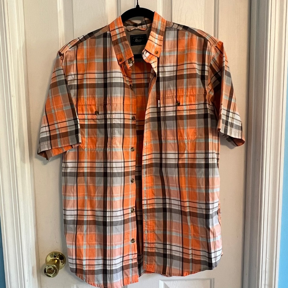 Mens M Orange Plaid Short Sleeve Button Up Utility Shirt Mesh Back GH Bass